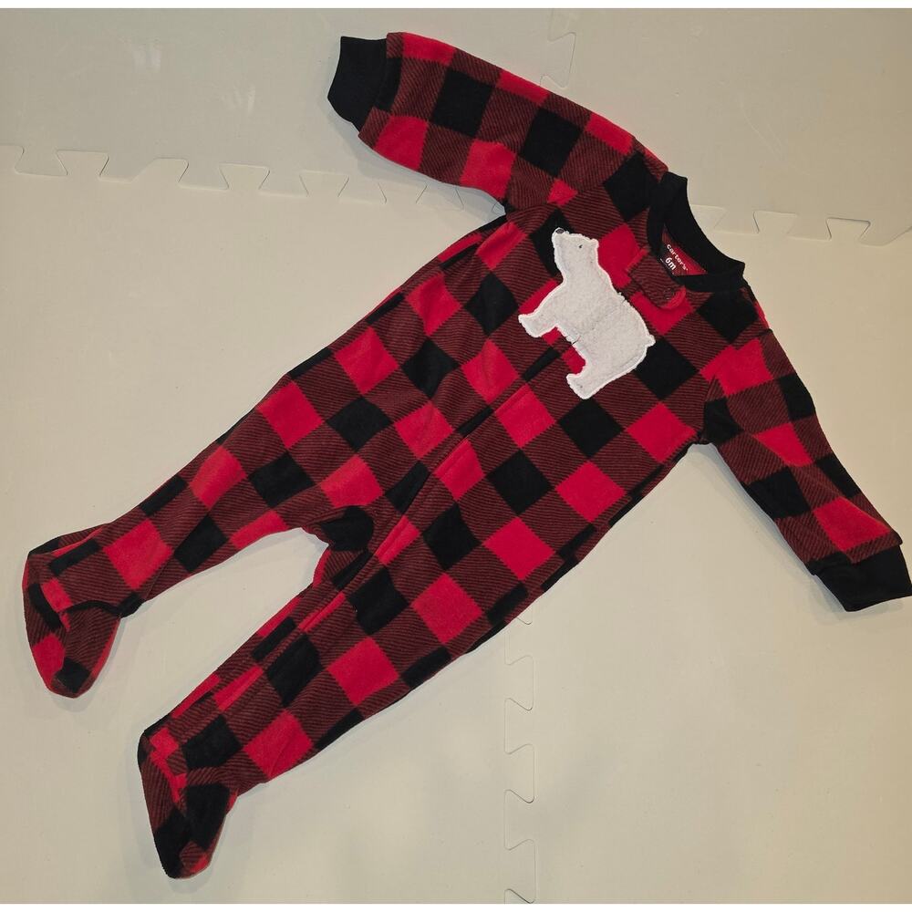 Carter red and black fleece w/polar bear pajamas footed PJs sz 6 mo